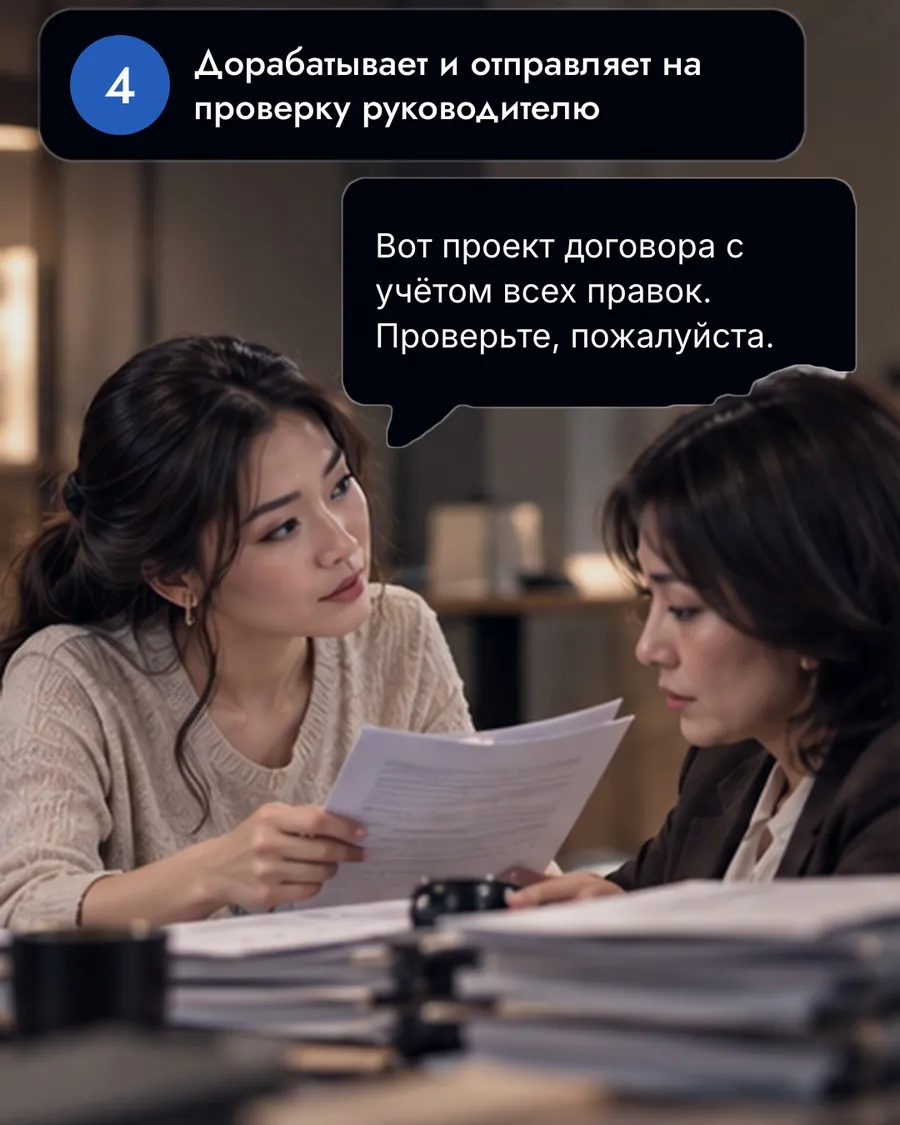 Сотрудница протягивает руководителю распечатанный проект договора; на столе стопки папок. Иллюстрация создана ИИ.