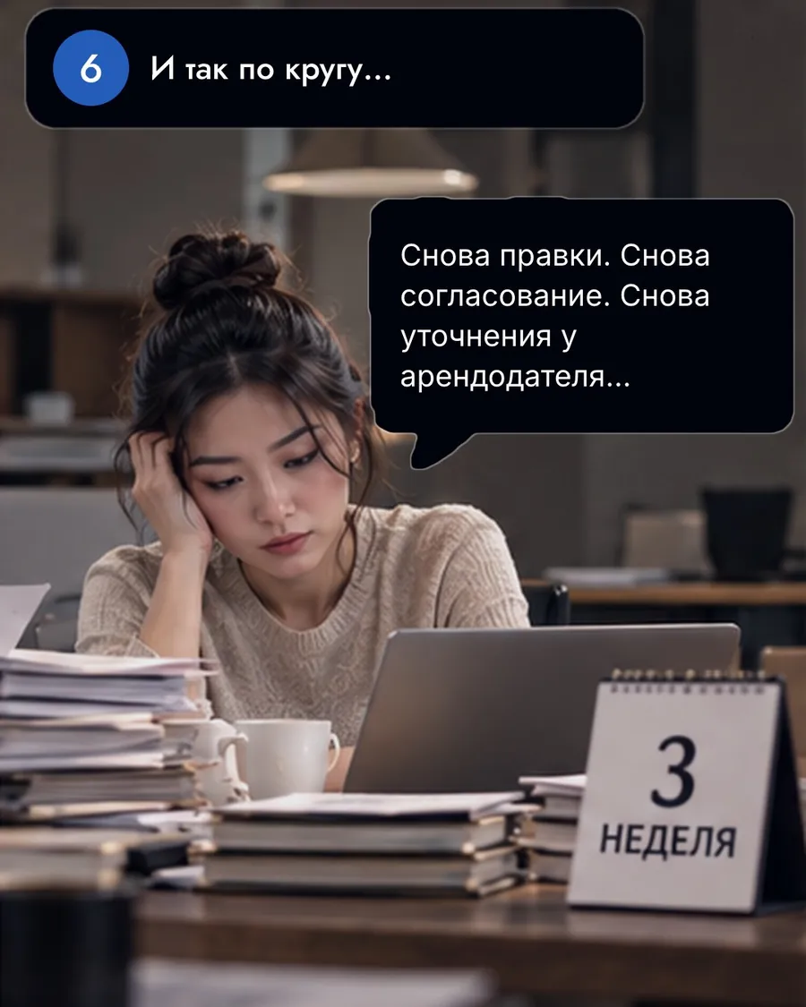 Утомлённая сотрудница держится за голову за ноутбуком; на столе стопки бумаг и настольный календарь «3 неделя». Иллюстрация создана ИИ.