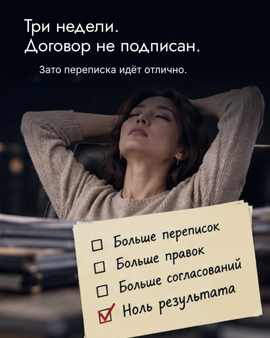 Сотрудница откинулась в кресле, заложив руки за голову; на переднем плане записка: «Больше переписок, больше правок, больше согласований, ноль результата». Иллюстрация создана ИИ.